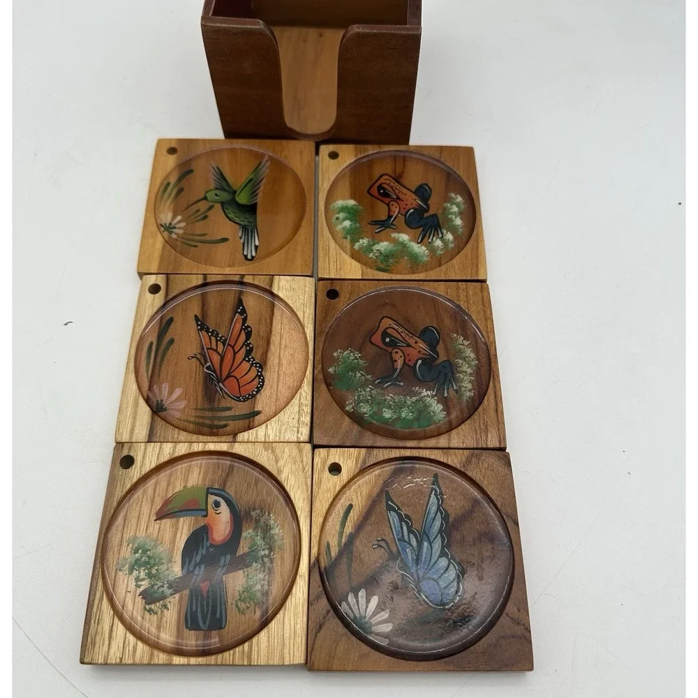 Vintage Wooden Animal Coasters Set Of 6 Birds, Frogs, Butterflies 3